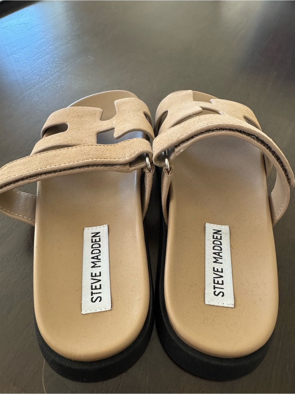 Steve Madden Beige Suede Double Strap Slide Sandals - Picture 2 of 5